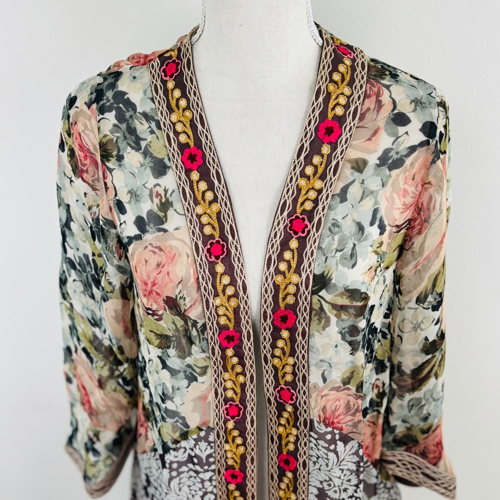 Soft Surroundings Kimono Womens XS Open Cardigan Semi Sheer Floral Embroidered - Picture 3 of 10